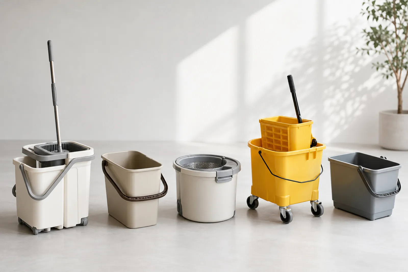 Brand comparison lineup of Unger, Libman, O-Cedar, Rubbermaid and Simpli-Magic mop buckets with capacity and wringer-type labels