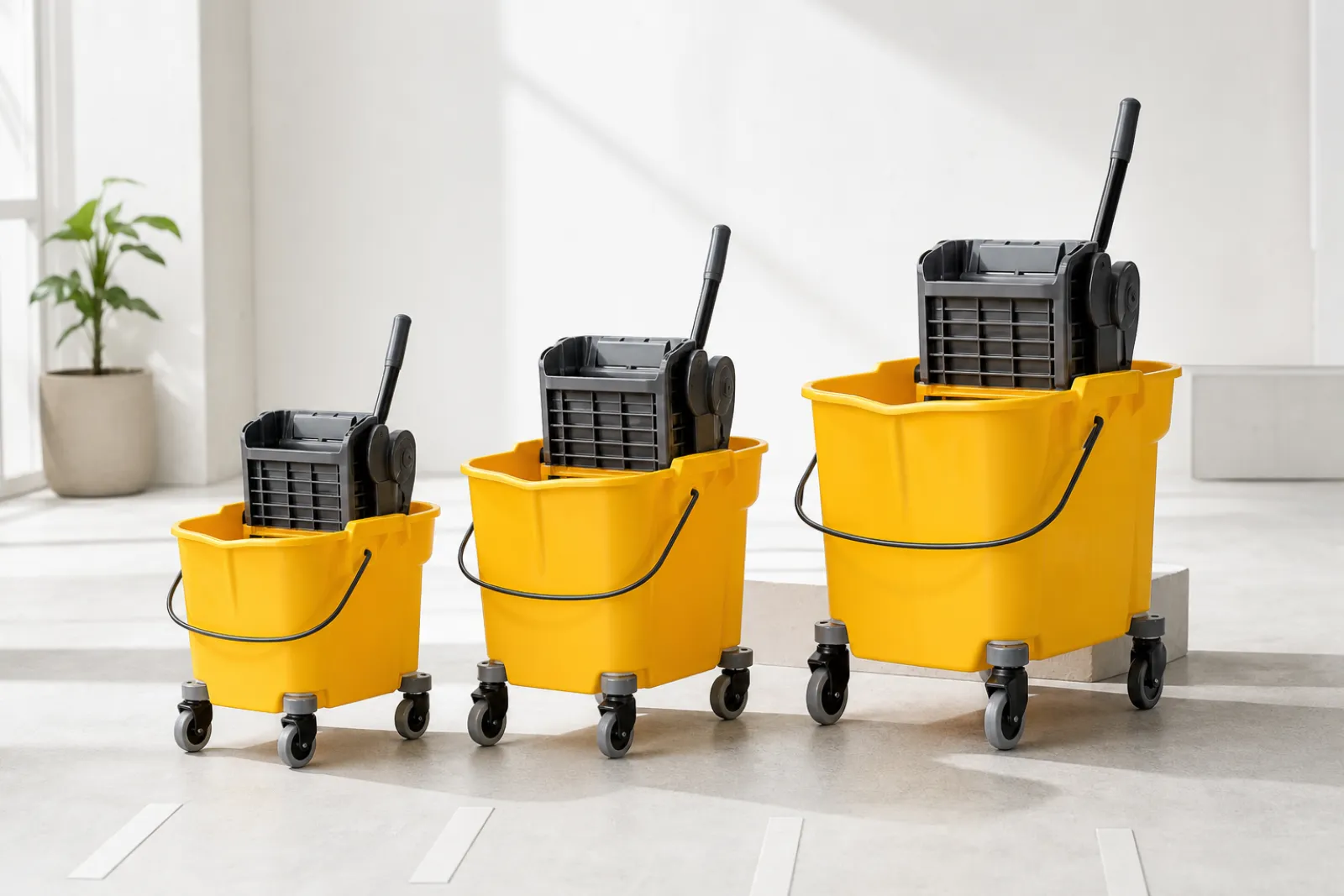 Three mop buckets at 26, 32, and 35-36 quart sizes shown at scale with gallon equivalents and floor-area coverage labels