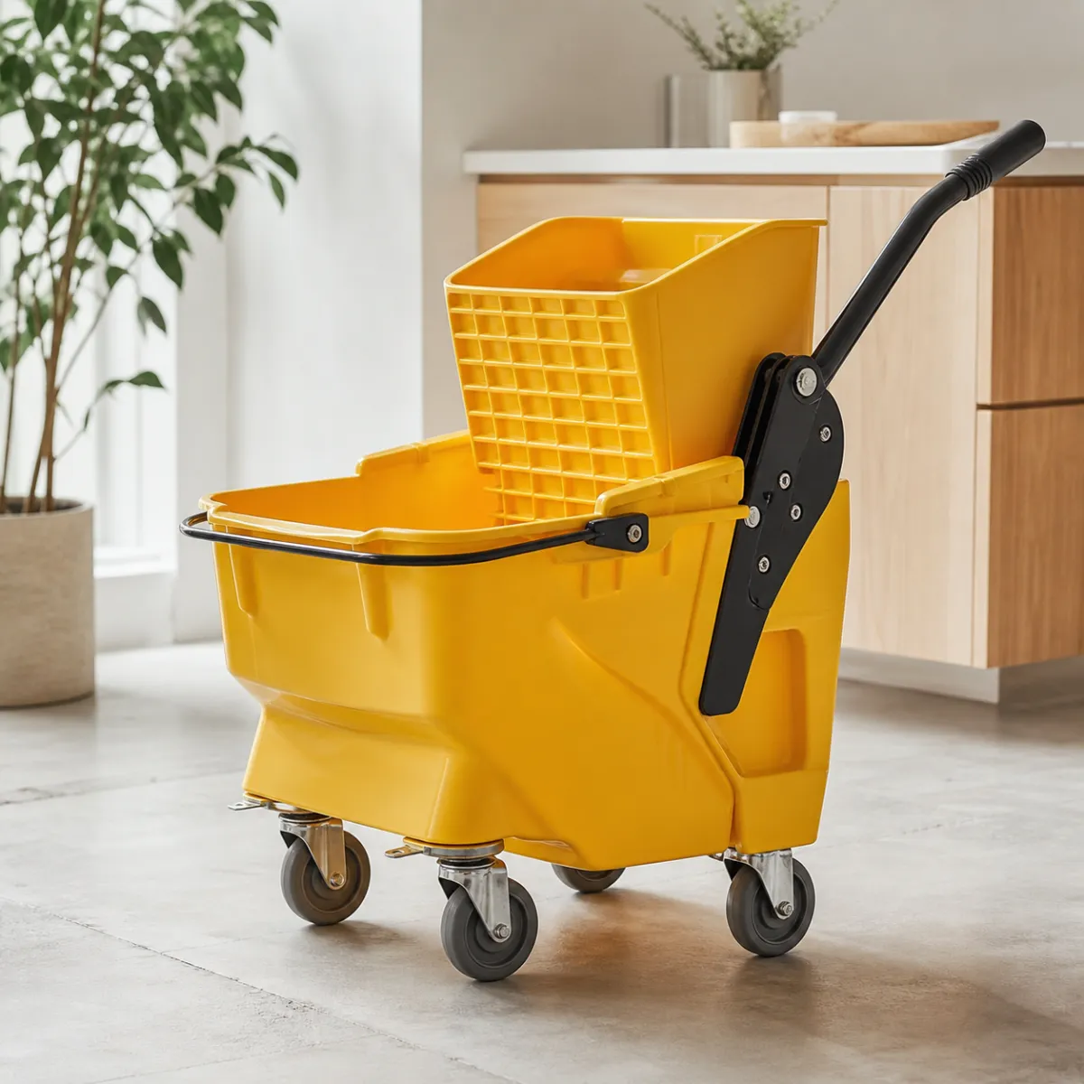 Annotated commercial mop bucket highlighting ergonomic side press lever, non-slip grip, wheels, splash guard, spout and included washable pads