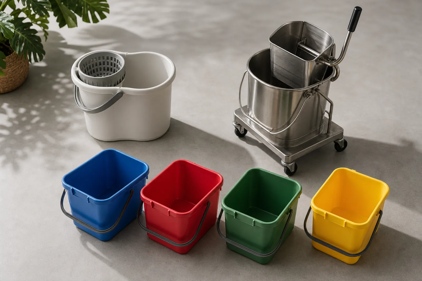Material comparison showing polypropylene, polyethylene and stainless steel handle buckets plus a color-coded set in blue, red, green and yellow