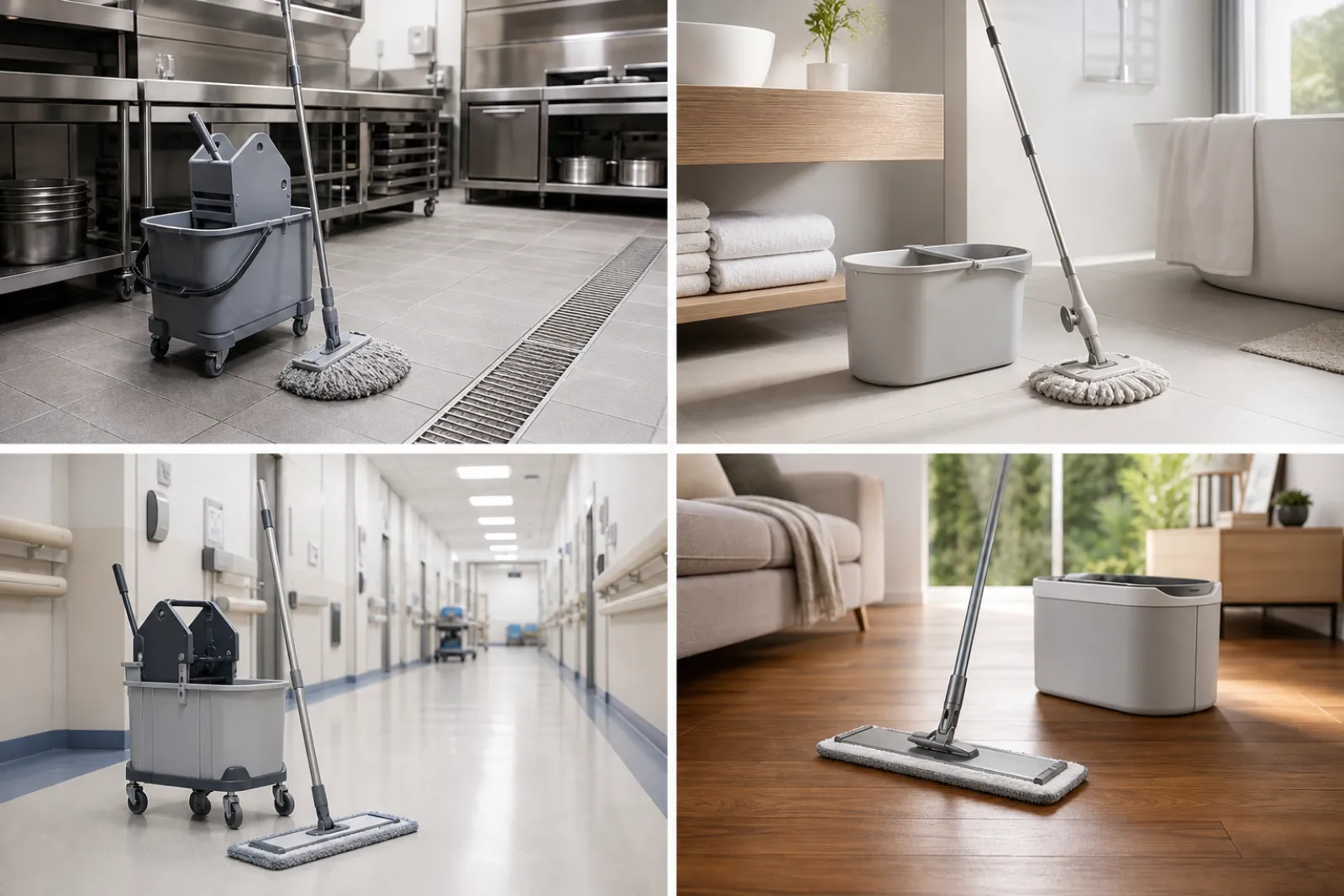 Grid of four cleaning scenarios: restaurant kitchen, home kitchen, healthcare corridor, and hardwood floor, each paired with its recommended bucket