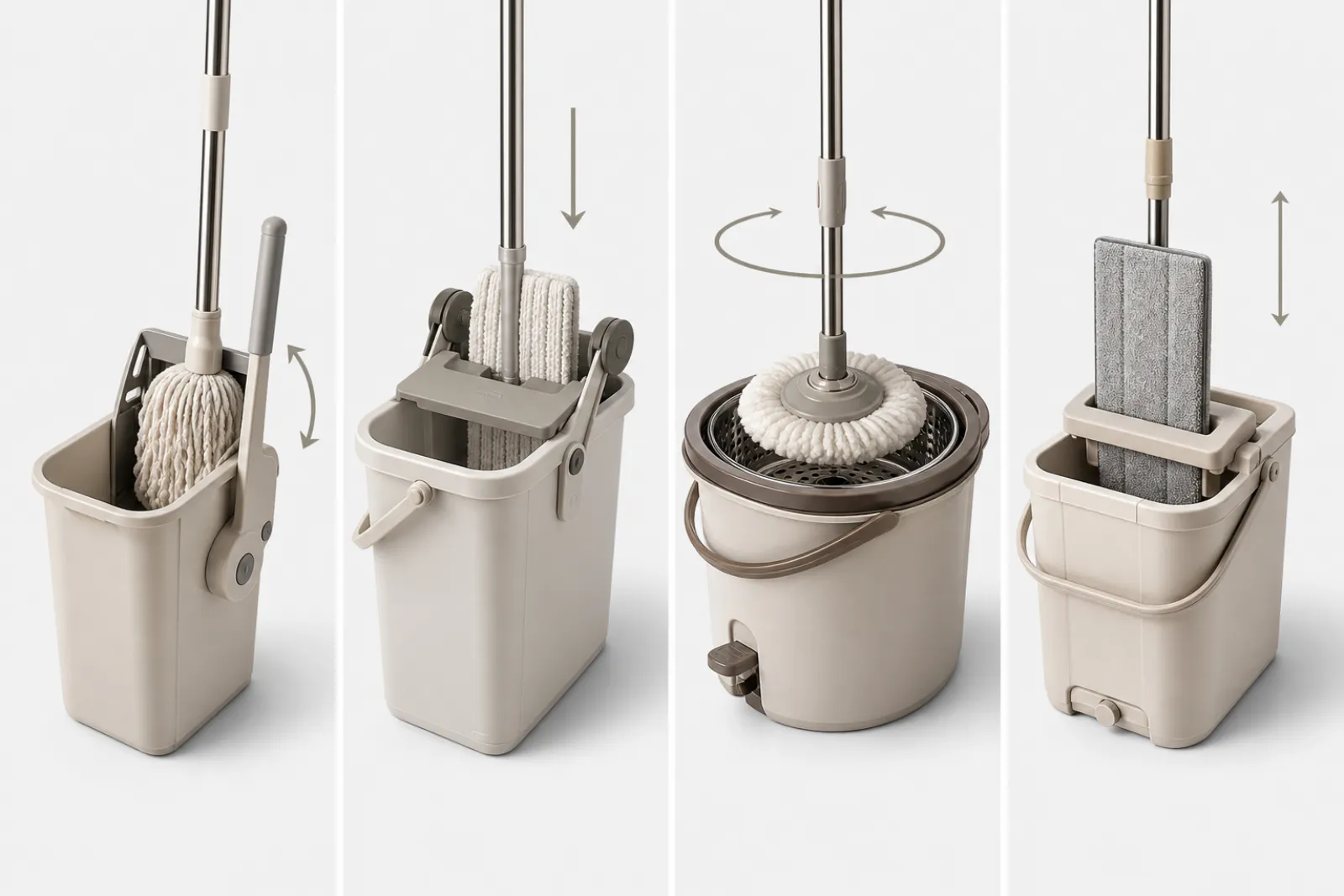 Side-by-side diagram of four wringer mechanisms: side press lever, down press top plate, spin basket, and flat mop press